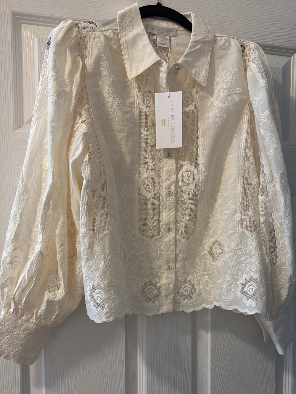 Caroline Constas Ivory Embroidered Lace Button-Down Blouse
